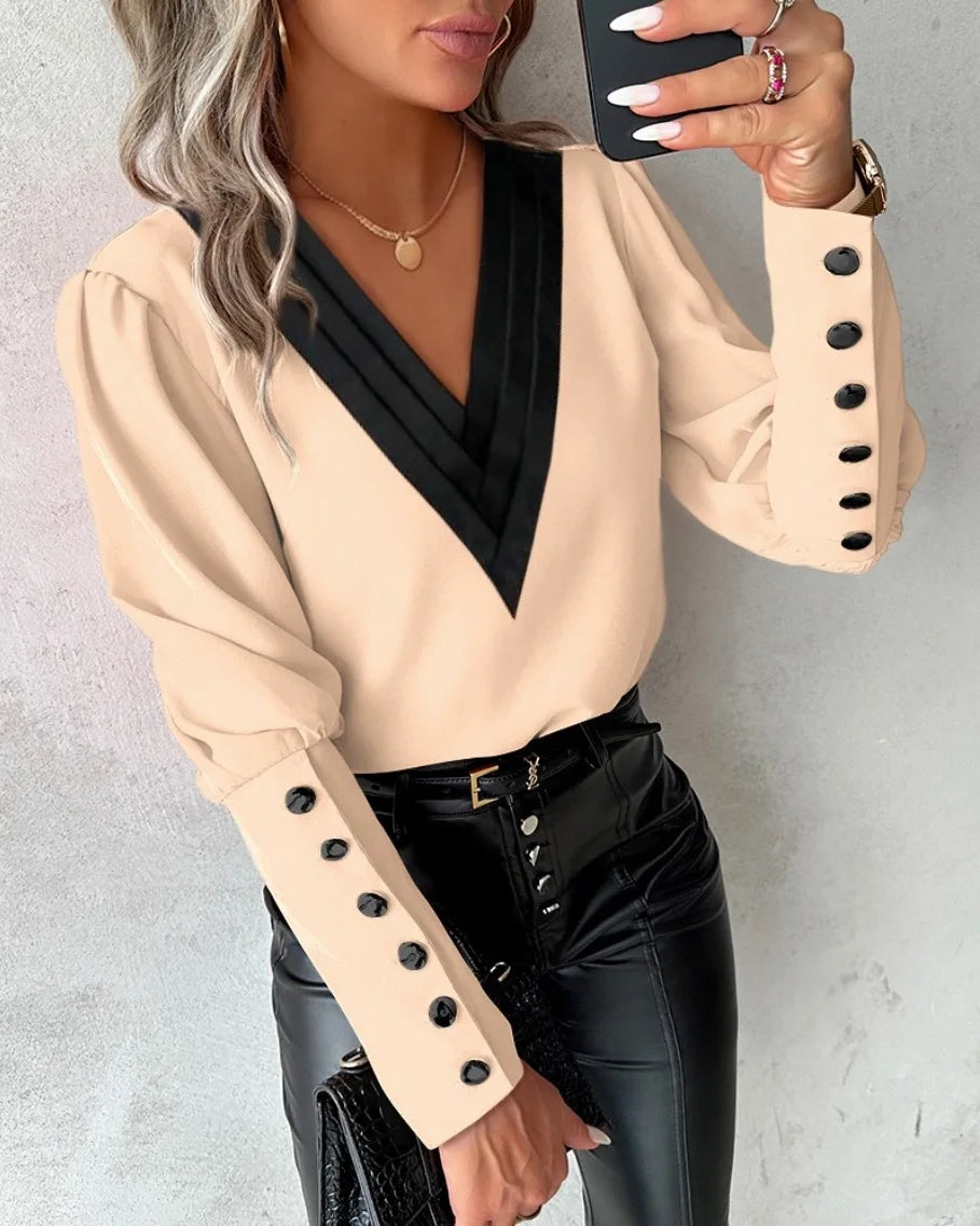 Women's Buttoned V Neck Long Sleeve Blouse