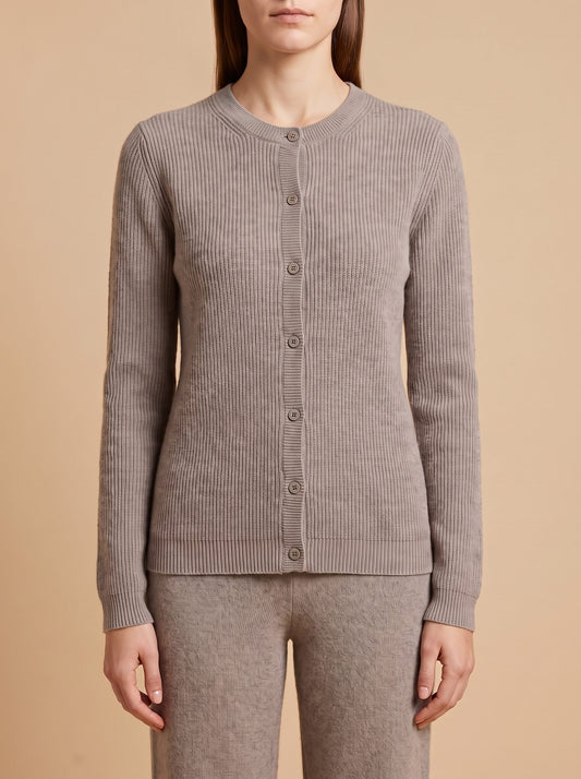 Women's button-up ribbed knit cardigan in taupe grey, front close view