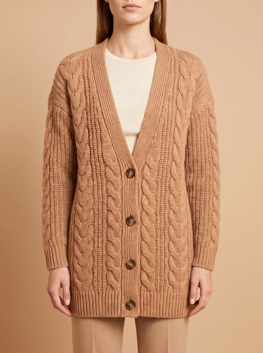 Women's chunky cable knit cardigan in camel, front close view