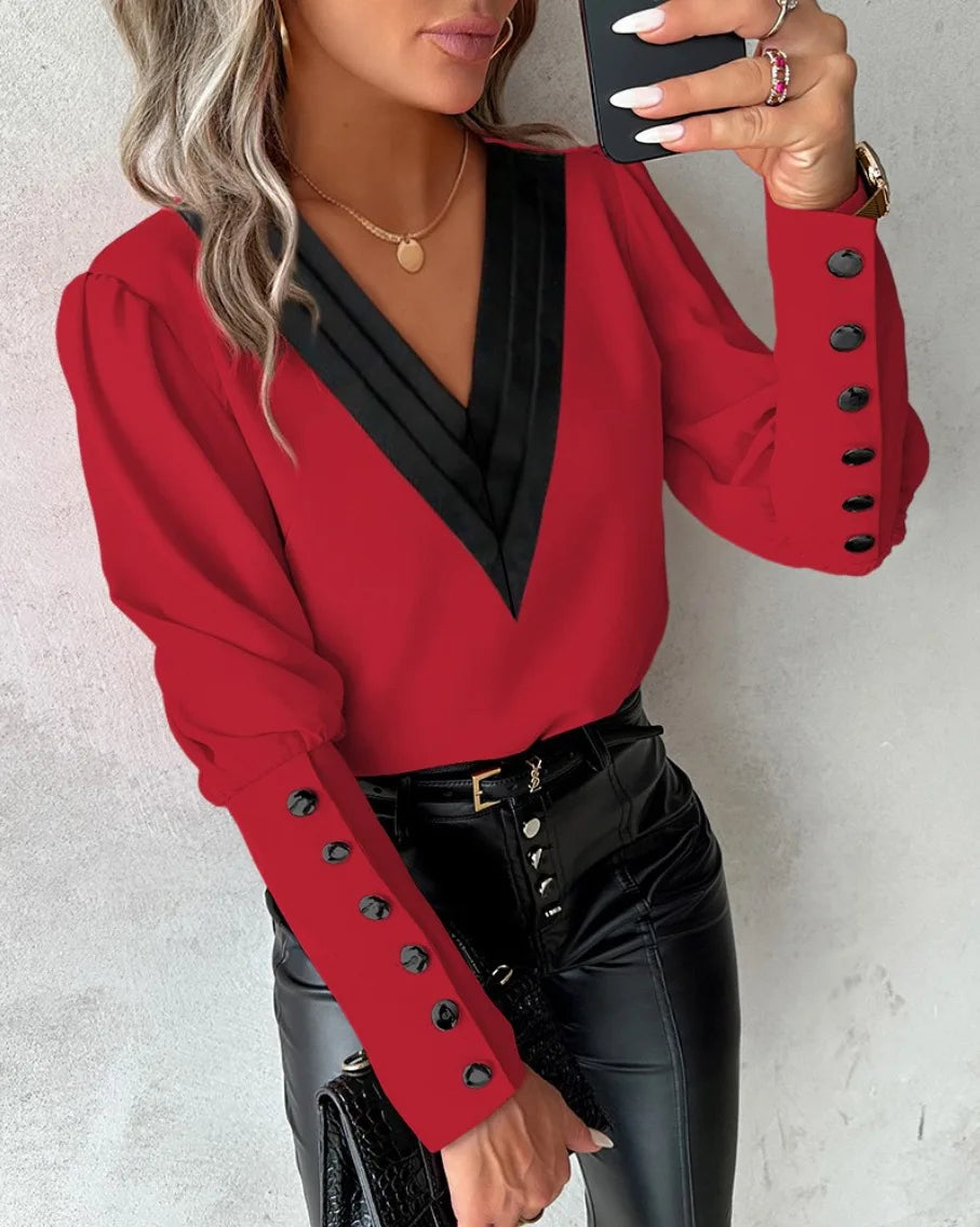 Women's Buttoned V Neck Long Sleeve Blouse