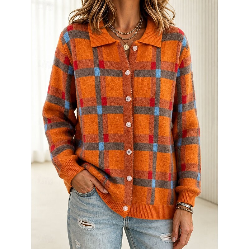 Women's Patchwork Knit Cardigan with Collar