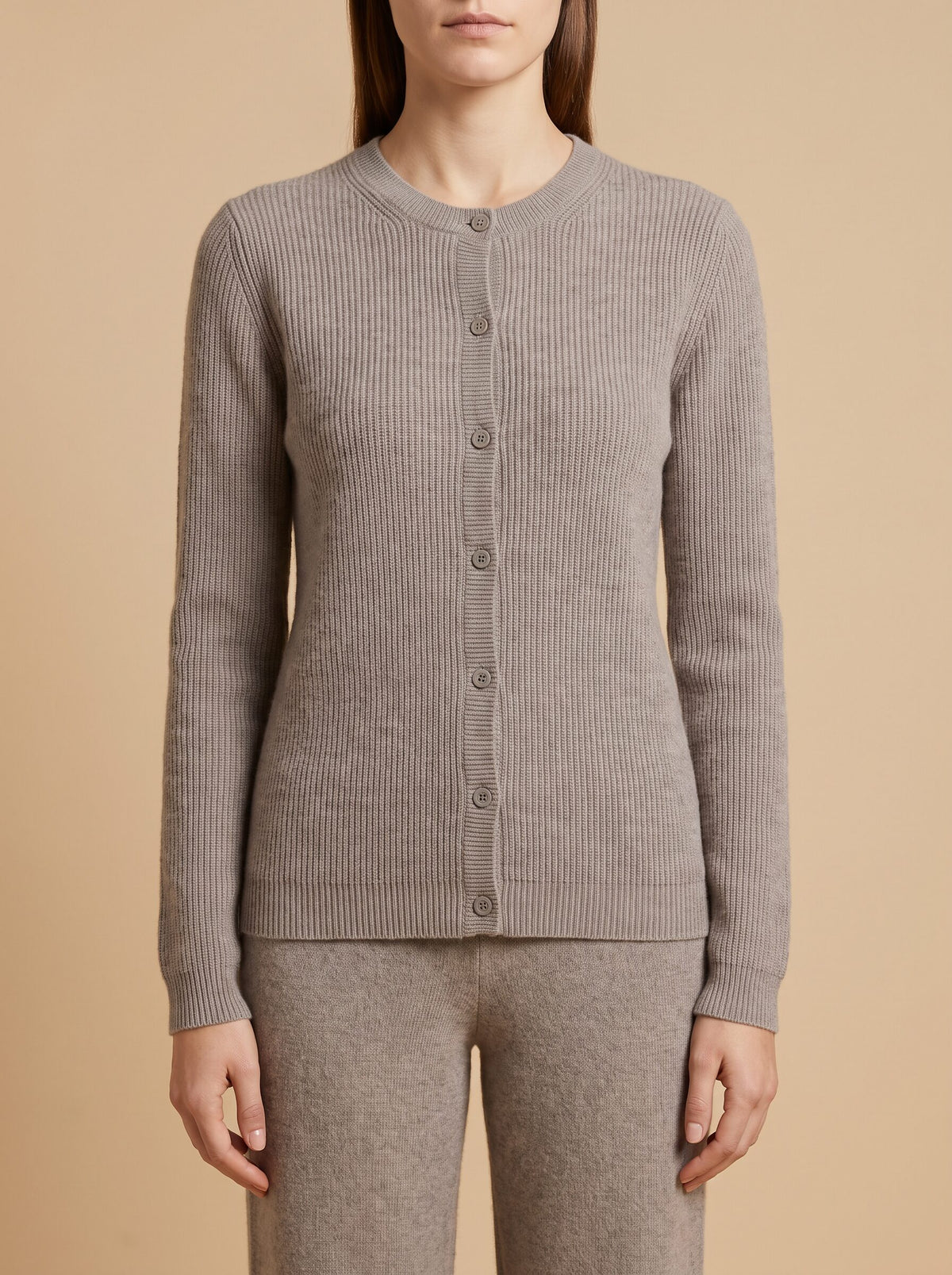 Women's button-up ribbed knit cardigan in taupe grey, front view