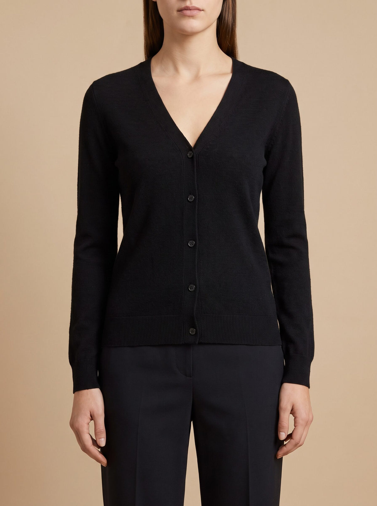 Women's V-neck button front cardigan in black, front view