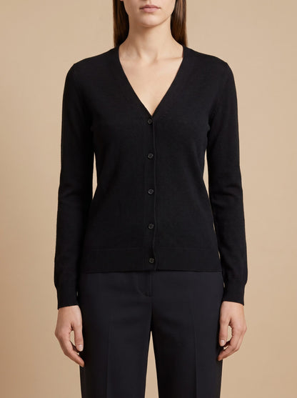 Women's V-neck button front cardigan in black, front view