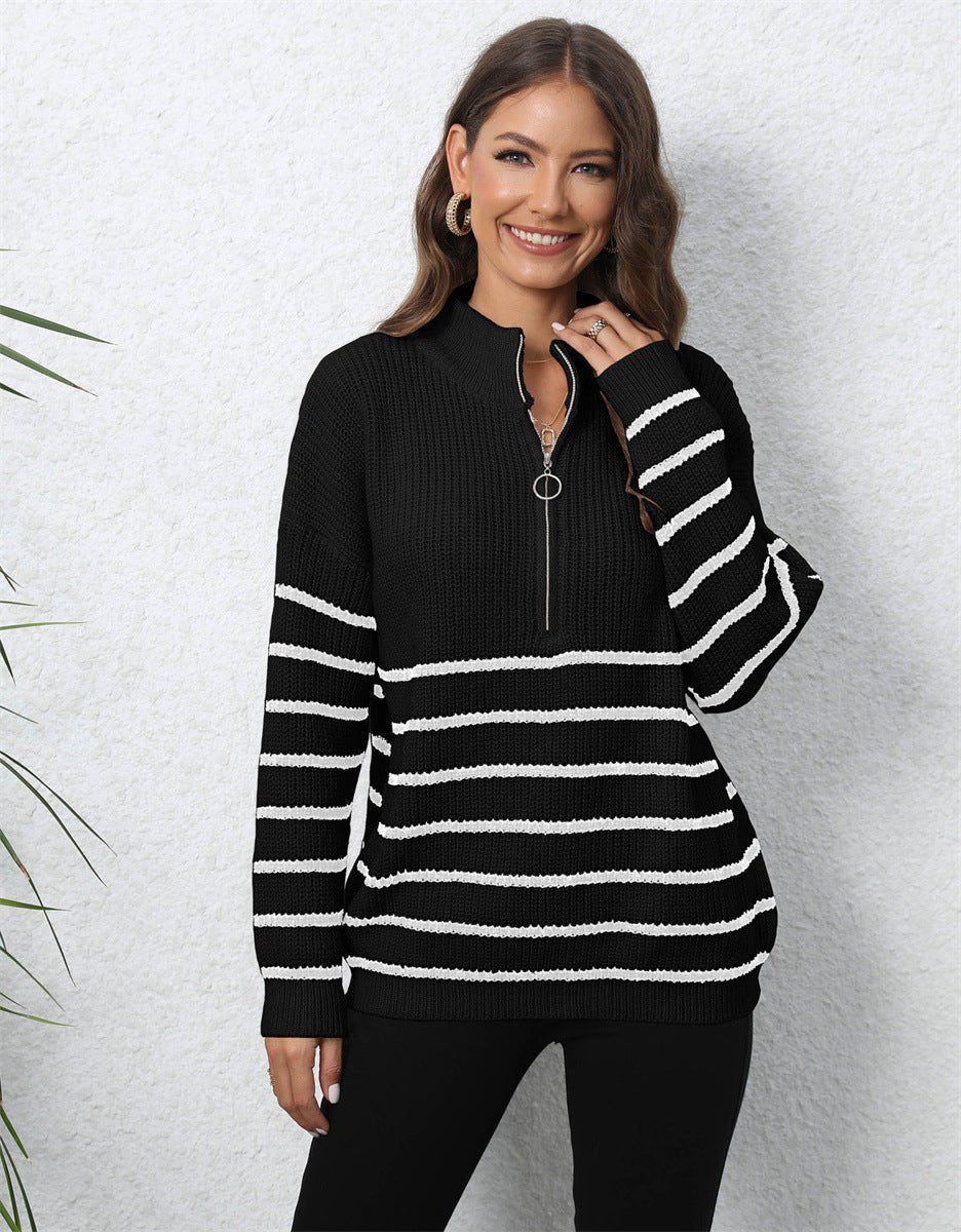 Women's Striped Quarter Zip Knit Sweater