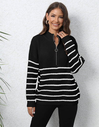 Women's Striped Quarter Zip Knit Sweater