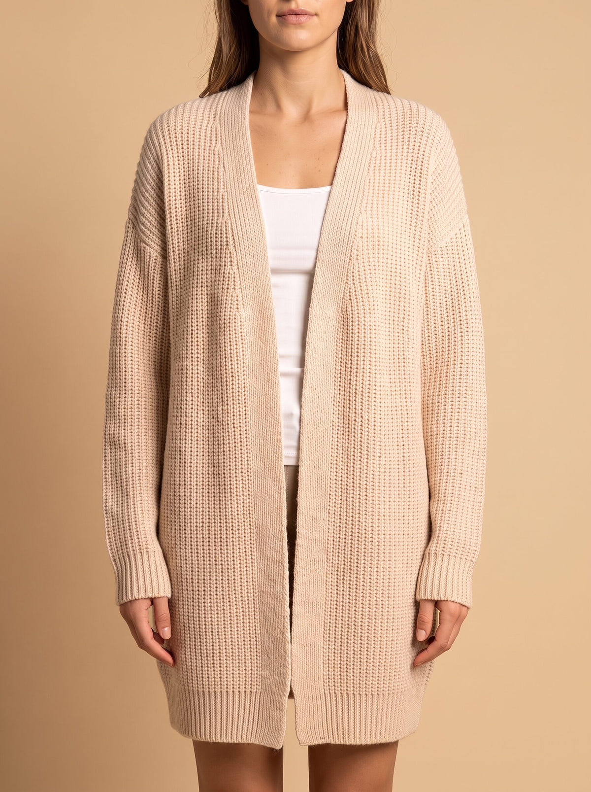 Women's longline open front cardigan in cream, front close view