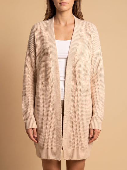 Women's longline open front cardigan in cream, front close view