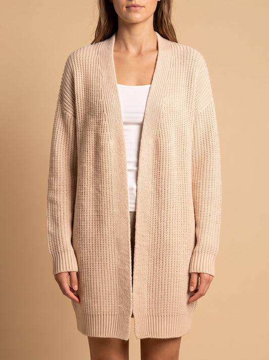 Women's longline open front cardigan in cream, front close view