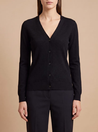 Women's V-neck button front cardigan in black, front close view