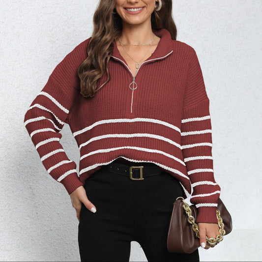 Women's Striped Quarter Zip Knit Sweater