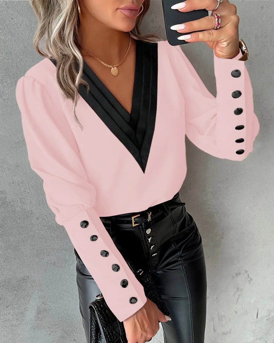 Women's Buttoned V Neck Long Sleeve Blouse