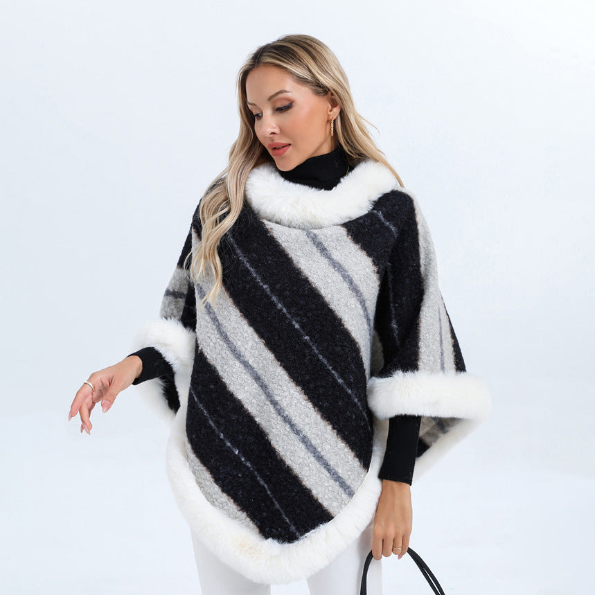 Women's Striped Poncho with Faux Fur