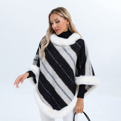 Women's Striped Poncho with Faux Fur