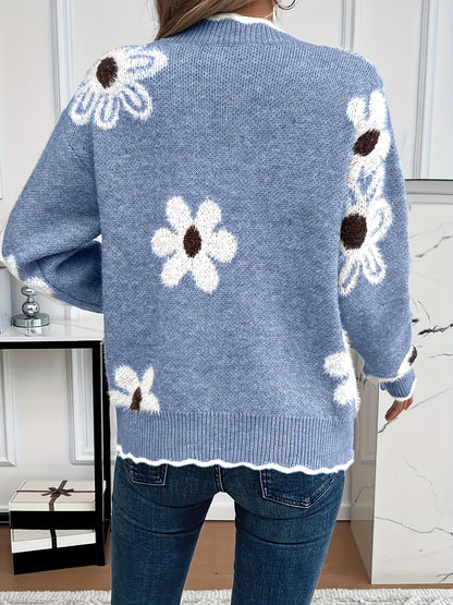 Women's Floral Jacquard V Neck Sweater