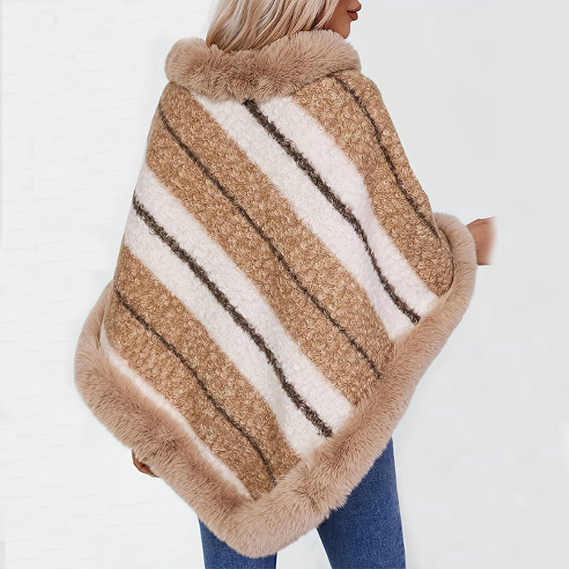 Women's Striped Poncho with Faux Fur