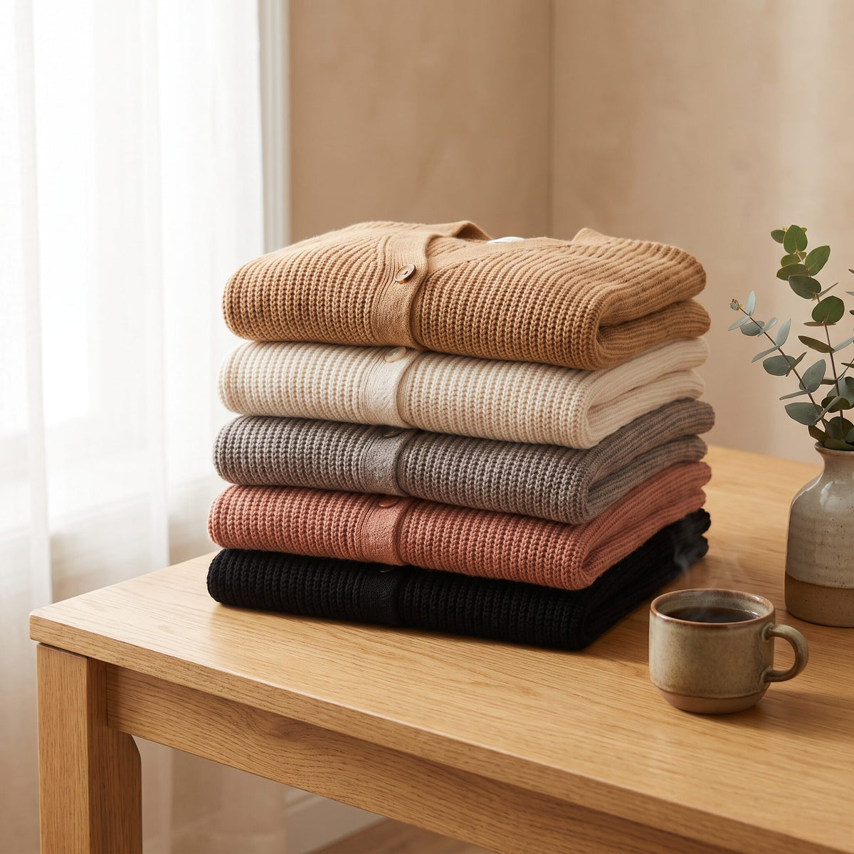 Stack of folded Martha Kleyn cardigans