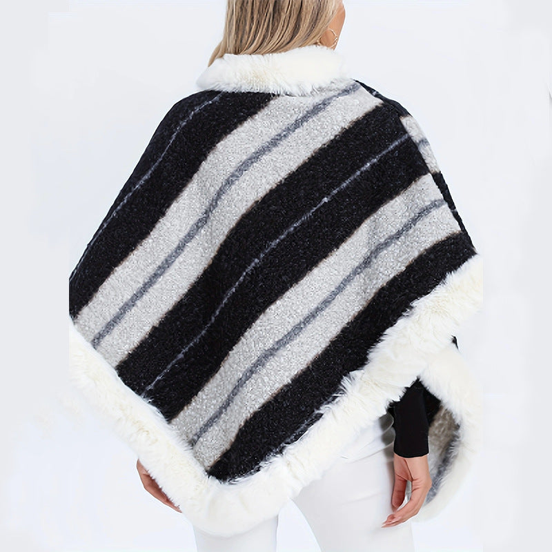 Women's Striped Poncho with Faux Fur