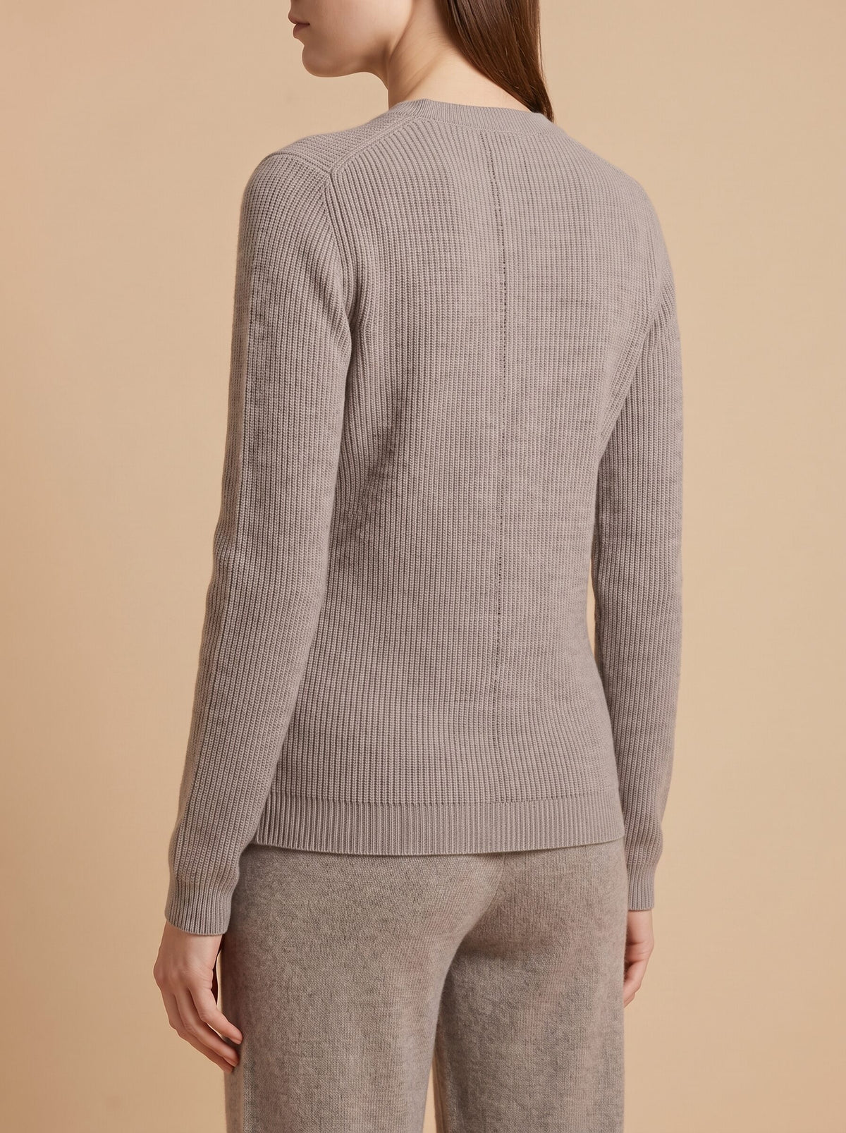 Women's button-up ribbed knit cardigan in taupe grey, back view