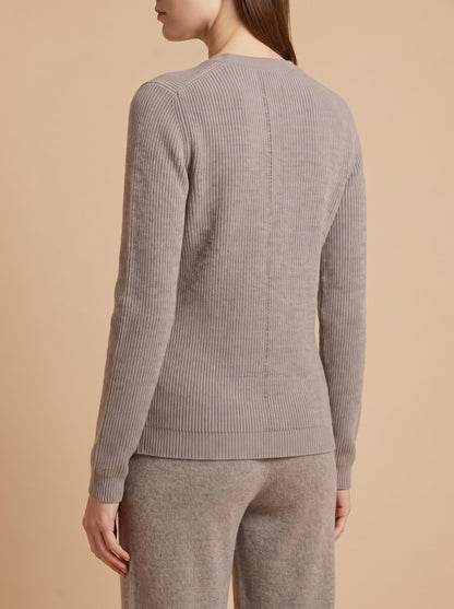 Women's button-up ribbed knit cardigan in taupe grey, back view
