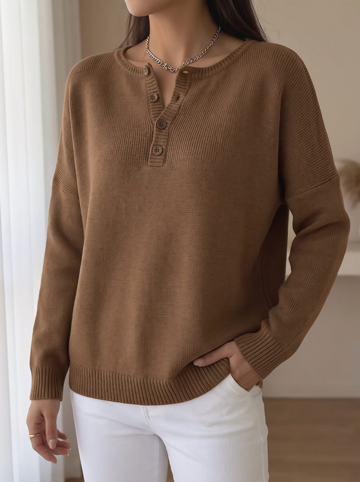 Women's Henley Button Knit Pullover