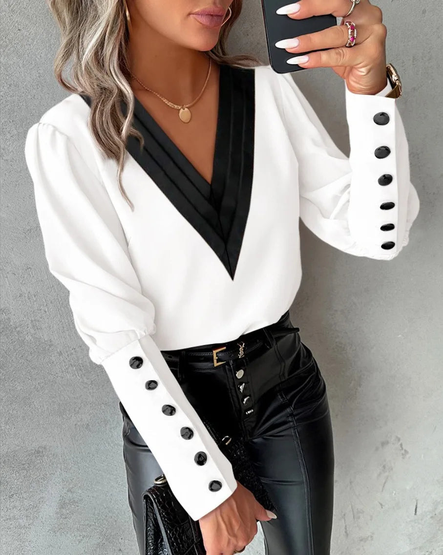 Women's Buttoned V Neck Long Sleeve Blouse